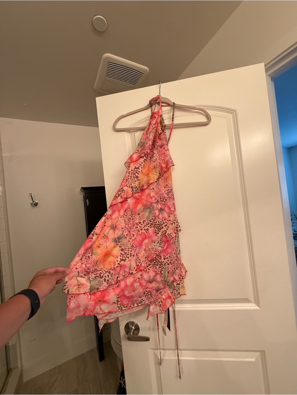 Floral Pink Ruffle Halter Mini Dress - Picture 3 of 4